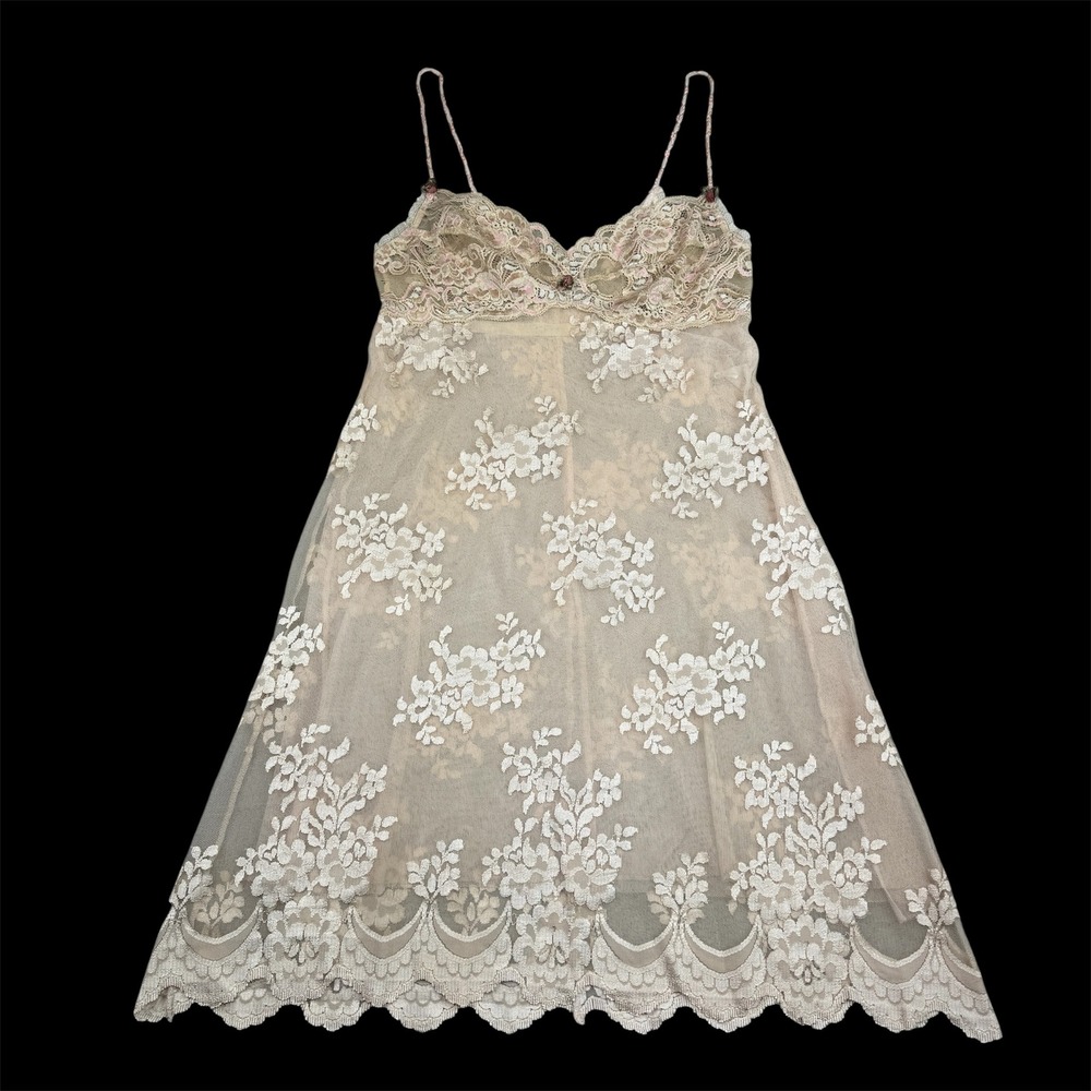 Claire Pettibone Slip Dress Women S Beige Floral Lace Scalloped Hem USA Rosette